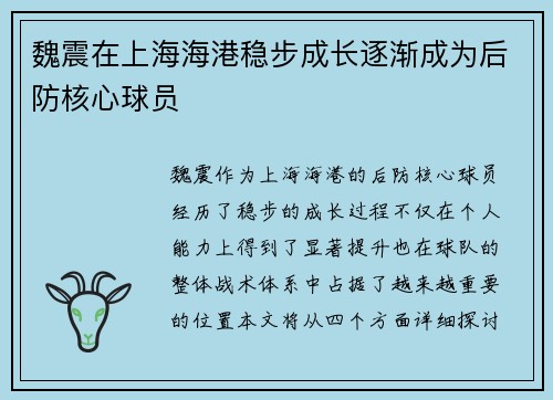 魏震在上海海港稳步成长逐渐成为后防核心球员 魏震在上海海港稳步成长逐渐成为后防核心球员